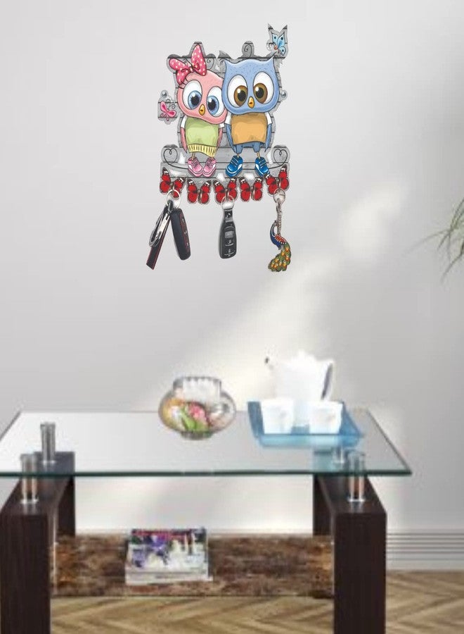 ART PLUS STORE حامل مفاتيح خشبي مزخرف للجدران من متجر آرت بلس، حامل مفاتيح أنيق لتزيين الجدران، حامل مفاتيح كبير الحجم بـ 7 خطافات (بومة) - Image 3
